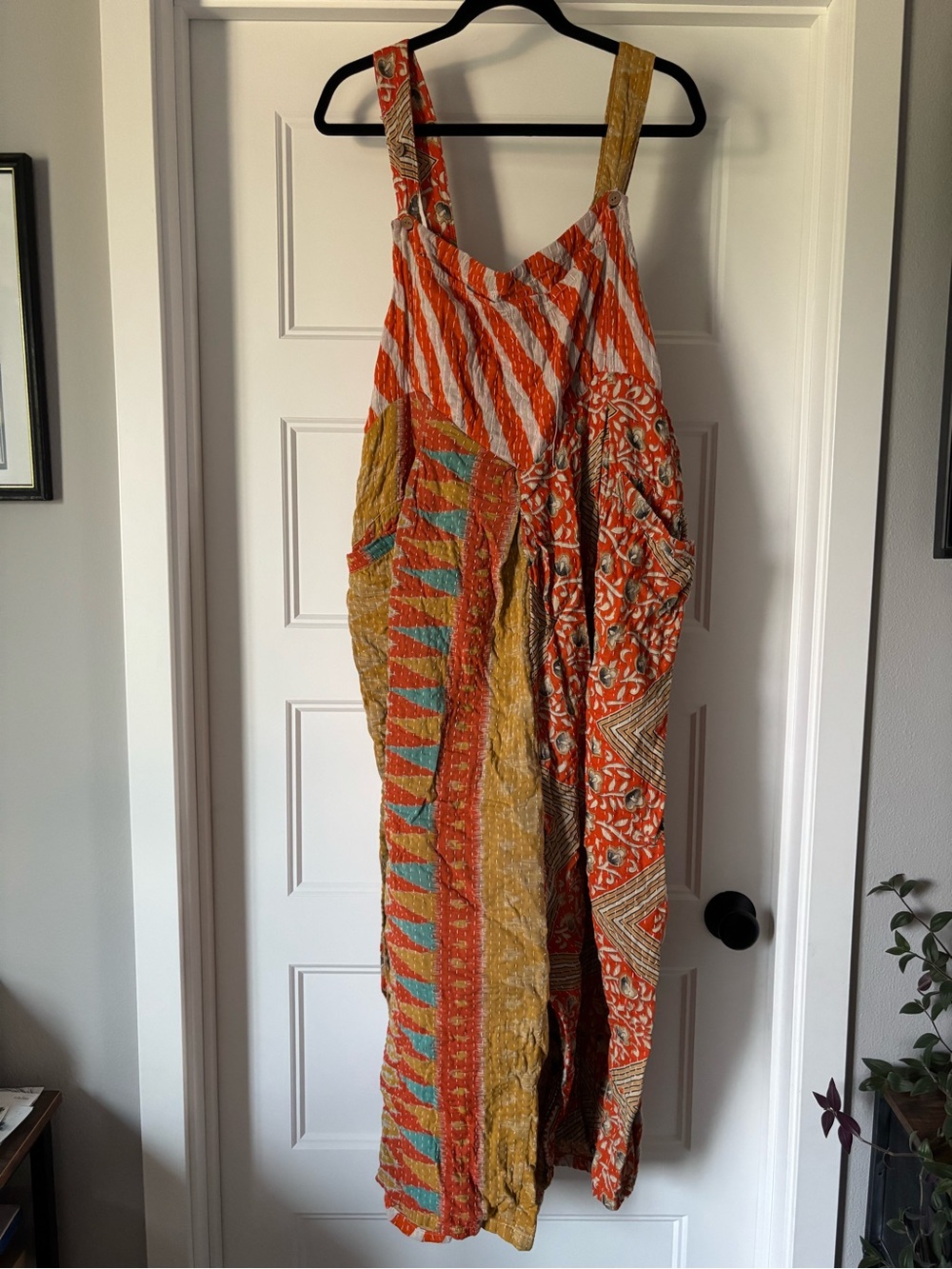 Kantha Bae Bohemian Patchwork Wide-Leg Crossroad Overalls in Orange & Mustard